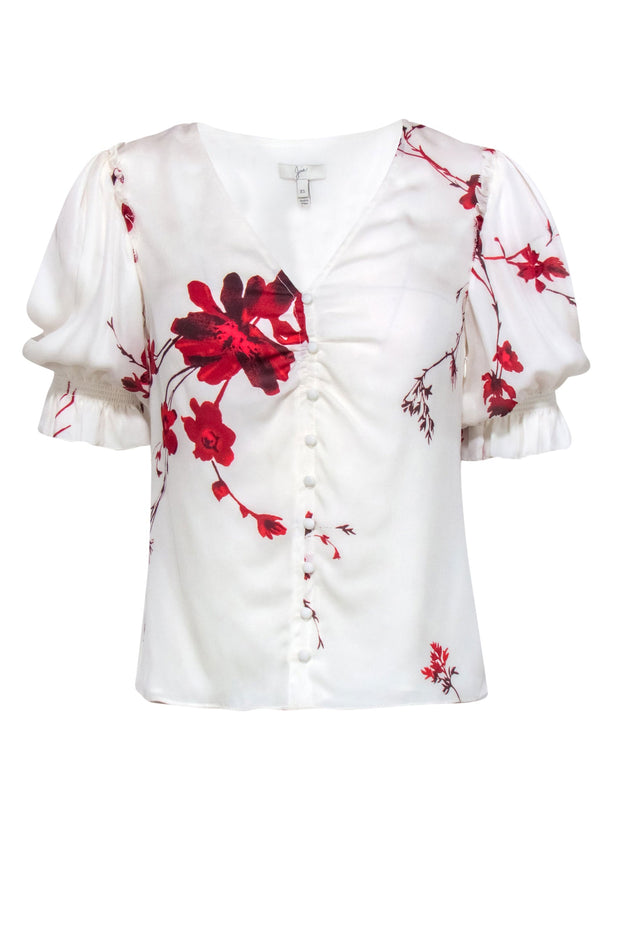 Current Boutique-Joie - White & Red Floral Printed Button-Front Silk Blouse Sz XS