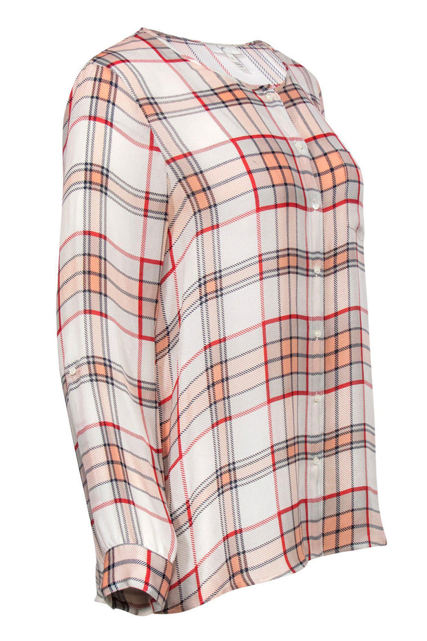 Current Boutique-Joie - White, Red & Peach Plaid Button-Up Long Sleeve Silk Blouse Sz L