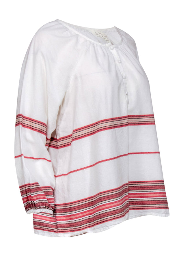 Current Boutique-Joie - White, Red & Pink Striped Long Sleeve Cotton Blouse Sz L