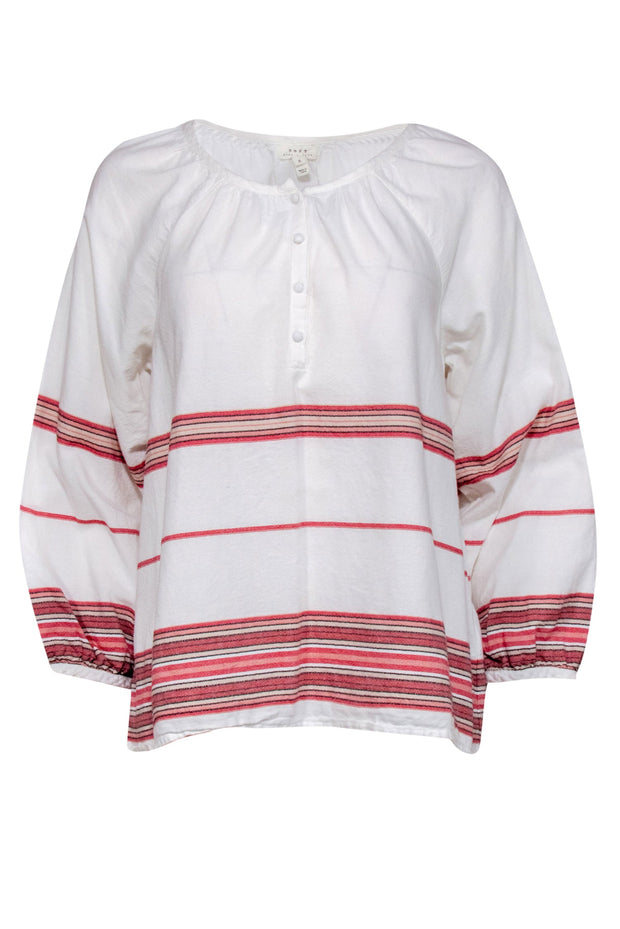 Current Boutique-Joie - White, Red & Pink Striped Long Sleeve Cotton Blouse Sz L