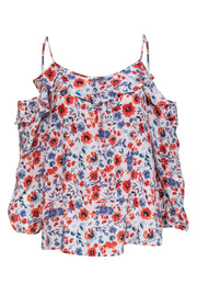 Current Boutique-Joie - White Silk Cold Shoulder Ruffle Blouse w/ Red & Blue Florals Sz M