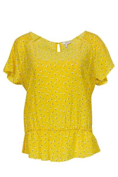 Current Boutique-Joie - Yellow Floral Print Short Sleeve Silk Blouse w/ Peplum Hem Sz L