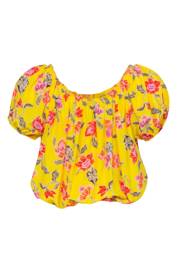 Current Boutique-Joie - Yellow Rose Printed Puff Sleeve Silk Blouse Sz S