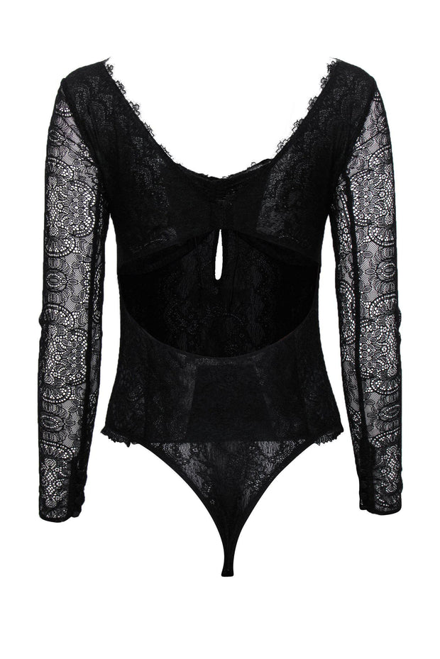 Current Boutique-Jonathan Simkhai - Black Long Sleeve Lace Bodysuit w/ Ruched Bust Sz XS