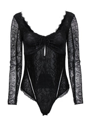 Current Boutique-Jonathan Simkhai - Black Long Sleeve Lace Bodysuit w/ Ruched Bust Sz XS