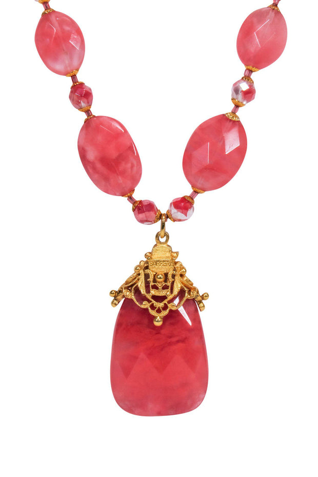 Current Boutique-Jose & Maria Barrera - Gold & Pink Stone Chunky Pendant Necklace