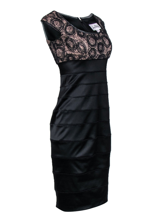 Current Boutique-Joseph Ribkoff - Black Satin Empire Waist Dress w/ Lace & Sequin Bodice Sz 6