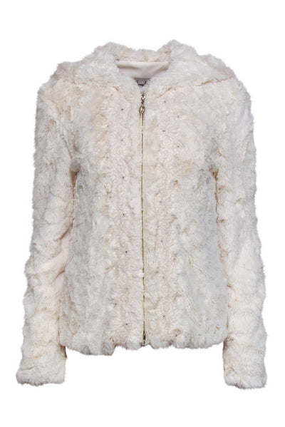 Current Boutique-Joseph Ribkoff - Ivory Faux Fur Zip-Up Hooded Jacket w/ Front Embellishments Sz 4