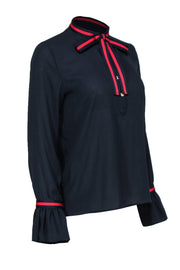 Current Boutique-Joseph Ribkoff - Navy Silky Ruffled Cuff Blouse w/ Racing Stripe Neck Tie Sz 4