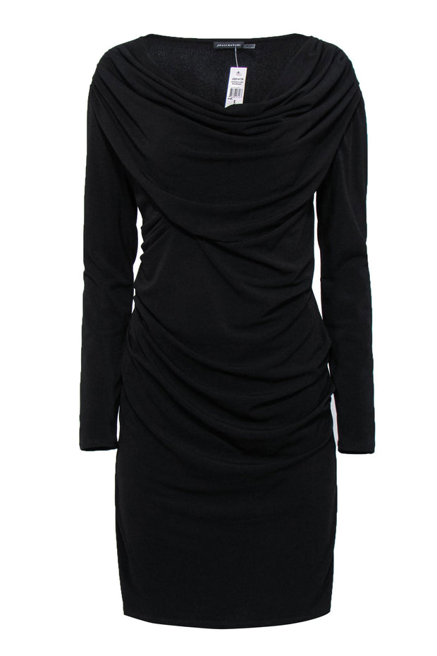 Current Boutique-Josie Natori - Black Long Sleeve Draped Cowl Midi Dress Sz S