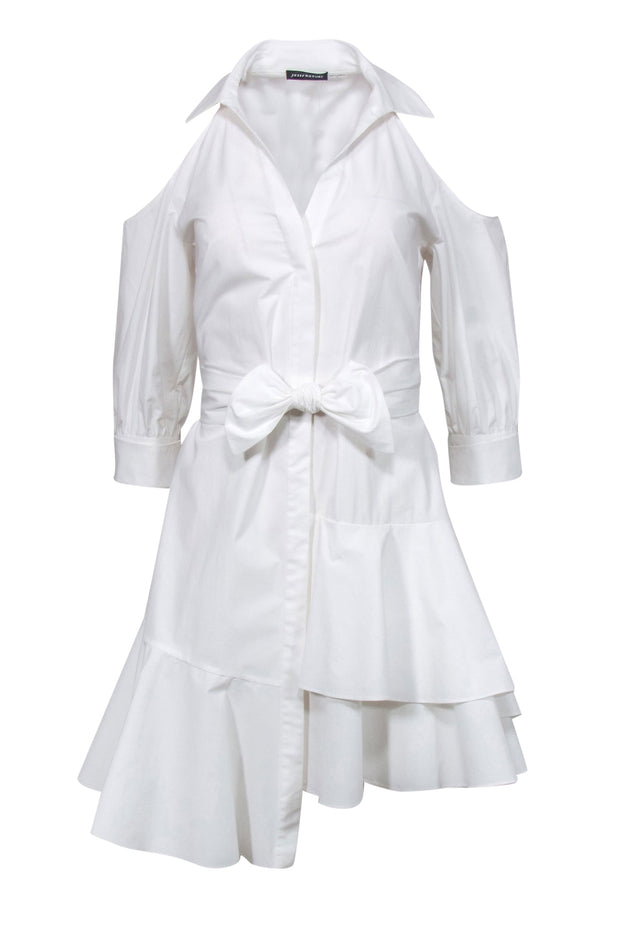 Current Boutique-Josie Natori - White Tied Cold Shoulder Shirtdress w/ Asymmetrical Flounce Sz 4