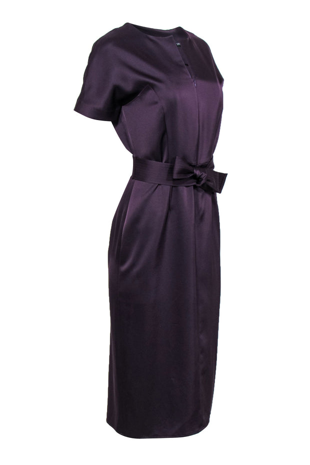 Current Boutique-Judith & Charles - Plum Satin Short Sleeve Zip-Up Dress w/ Belt Sz 4