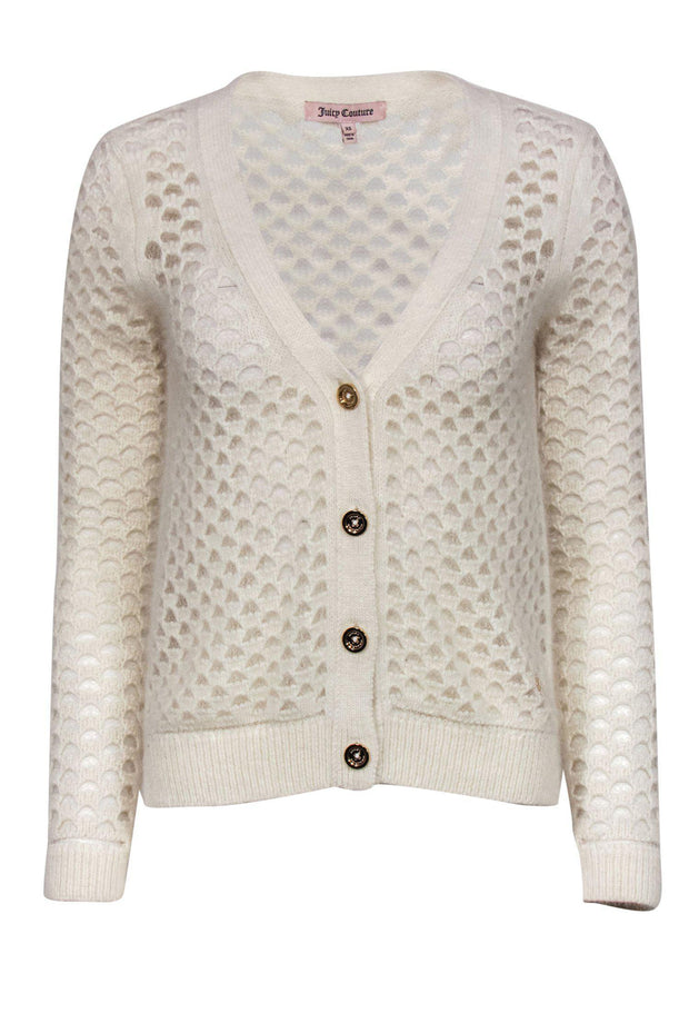 Current Boutique-Juicy Couture - White Rabbit Fur Blend Open Knit Button-Up Cardigan Sz XS