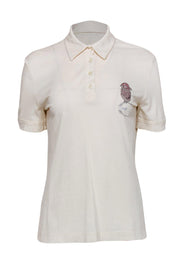 Current Boutique-Just Cavalli - Ivory Quarter Button-Up Polo w/ Rhinestone Bird Design Sz L