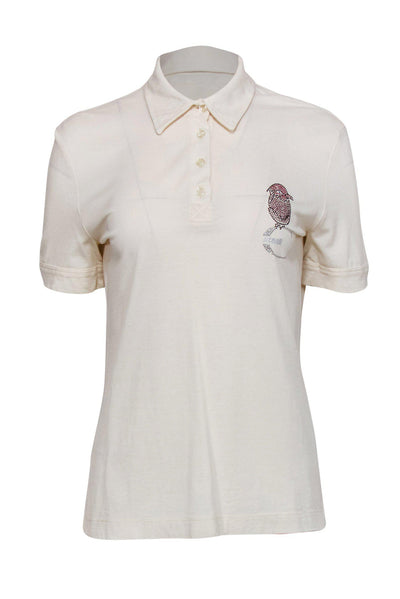 Current Boutique-Just Cavalli - Ivory Quarter Button-Up Polo w/ Rhinestone Bird Design Sz L