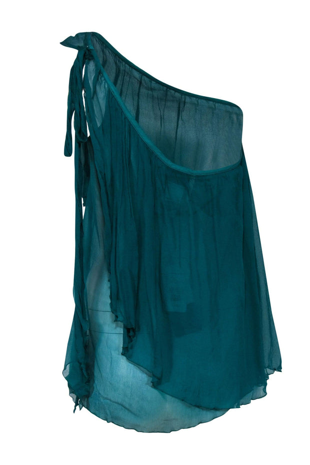 Current Boutique-Just Cavalli - Teal Draped One-Shouldered Silk Chiffon Tank Sz 6