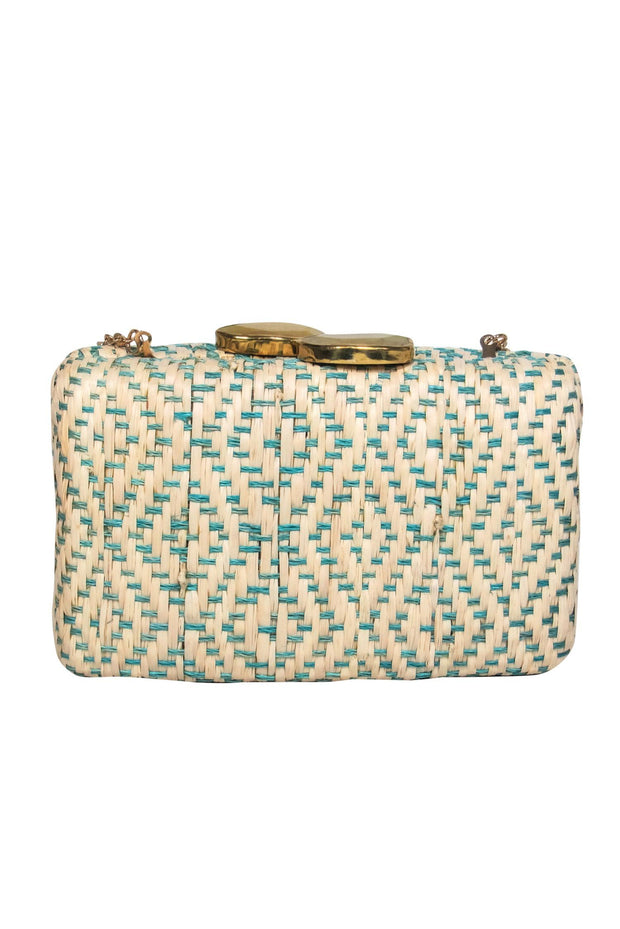 Current Boutique-KAYU - Beige & Teal Woven Wicker Clasped Gold Chain Crossbody