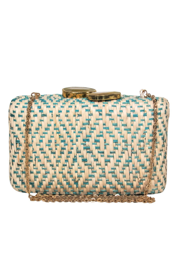 Current Boutique-KAYU - Beige & Teal Woven Wicker Clasped Gold Chain Crossbody