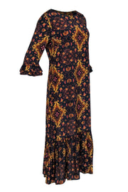 Current Boutique-Kachel X Anthropologie - Navy, Gold, & Pink Print Silk Blend Maxi Dress Sz 8