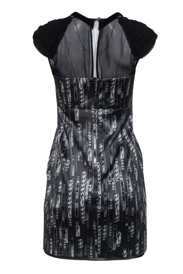 Current Boutique-Karen Millen - Black Diamond Print Sheath Dress w/ Pleated Sleeves & Velvet Trim Sz 6