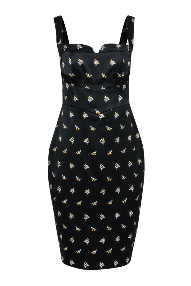 Current Boutique-Karen Millen - Black Floral Satin Sheath Dress Sz 8