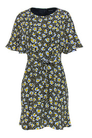 Current Boutique-Karen Millen - Black, Light Blue & Yellow Floral Print Belted Fit & Flare Dress Sz 10