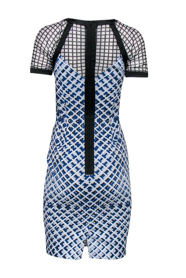 Current Boutique-Karen Millen - Blue & White Geometric Print Dress w/ Mesh Sz 4