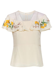 Current Boutique-Karen Millen - Cream Blouse w/ Embroidered Flounce Hem & Mesh Neckline Sz 6