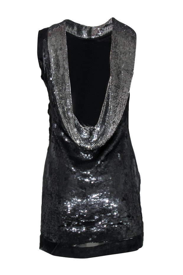 Current Boutique-Karen Millen - Dark Silver Sequined Draped Back Dress w/ Mesh Sz 6