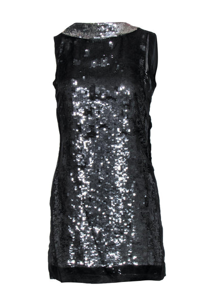 Current Boutique-Karen Millen - Dark Silver Sequined Draped Back Dress w/ Mesh Sz 6