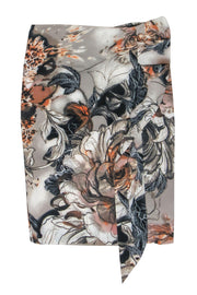 Current Boutique-Karen Millen - Gray, Black & Orange Floral Print Satin Ruffled Skirt Sz 2