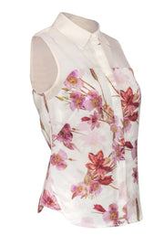 Current Boutique-Karen Millen - Ivory & Pink Floral Collared Sleeveless Blouse w/ Mesh Sz 4