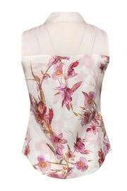 Current Boutique-Karen Millen - Ivory & Pink Floral Collared Sleeveless Blouse w/ Mesh Sz 4