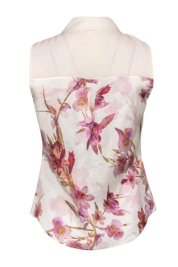 Current Boutique-Karen Millen - Ivory & Pink Floral Collared Sleeveless Blouse w/ Mesh Sz 4