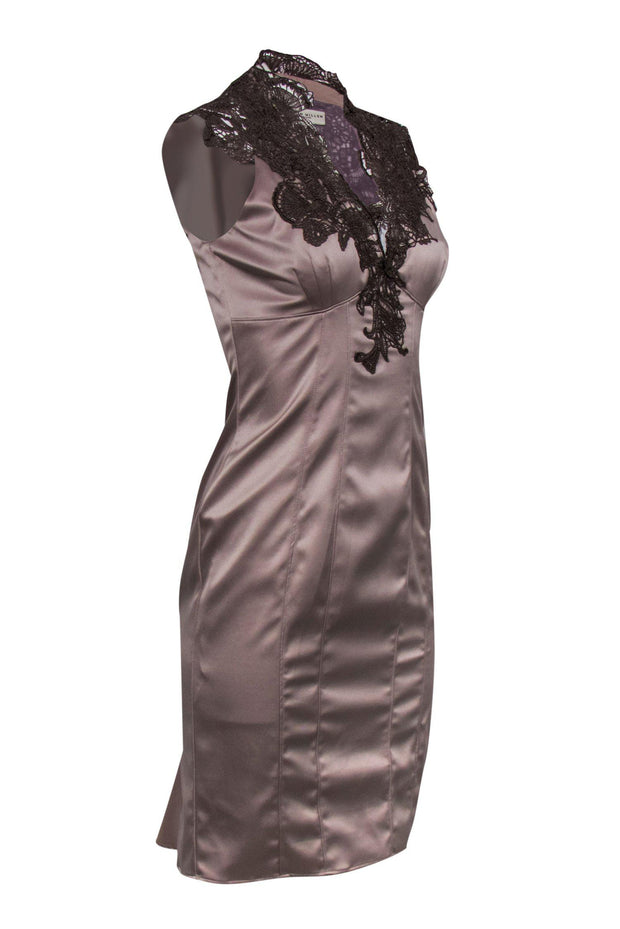 Current Boutique-Karen Millen - Mauve Satin Bodycon Dress w/ Lace Sz 8