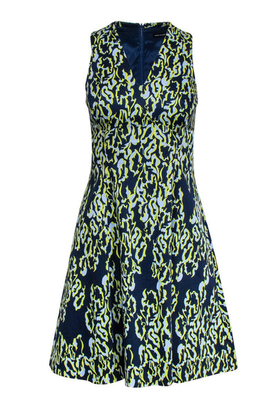 Current Boutique-Karen Millen - Navy & Green Abstract Printed Flare Dress Sz 4