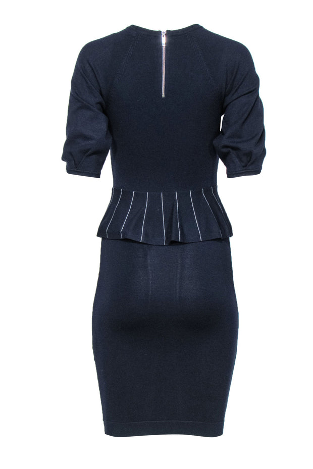 Current Boutique-Karen Millen - Navy Pinstriped Peplum Knit Sheath Dress Sz XS