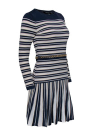 Current Boutique-Karen Millen - Navy, White & Cream Striped Ribbed Fit & Flare Dress Sz S