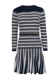 Current Boutique-Karen Millen - Navy, White & Cream Striped Ribbed Fit & Flare Dress Sz S