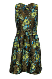 Current Boutique-Karen Millen - Olive Green Floral Print A-Line Dress Sz 6