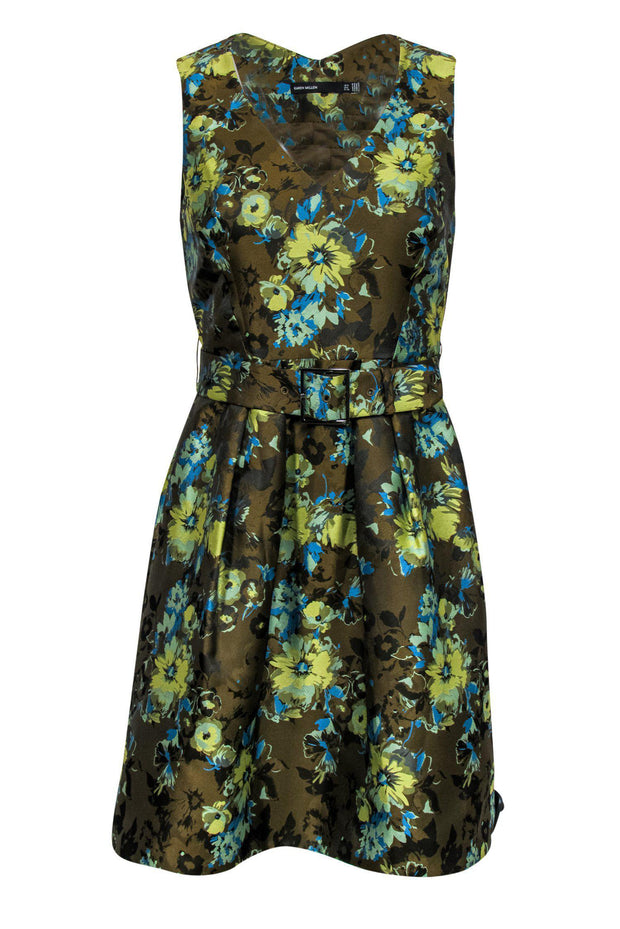 Current Boutique-Karen Millen - Olive Green Floral Print A-Line Dress Sz 6