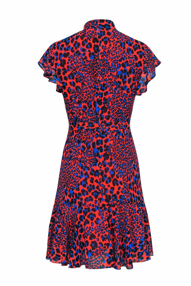 Current Boutique-Karen Millen - Red & Blue Leopard Print Dress w/ Studded Waist Sz 8