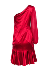 Current Boutique-Karen Millen - Red Satin Pleated Dress w/ Mesh Sleeve Sz 8