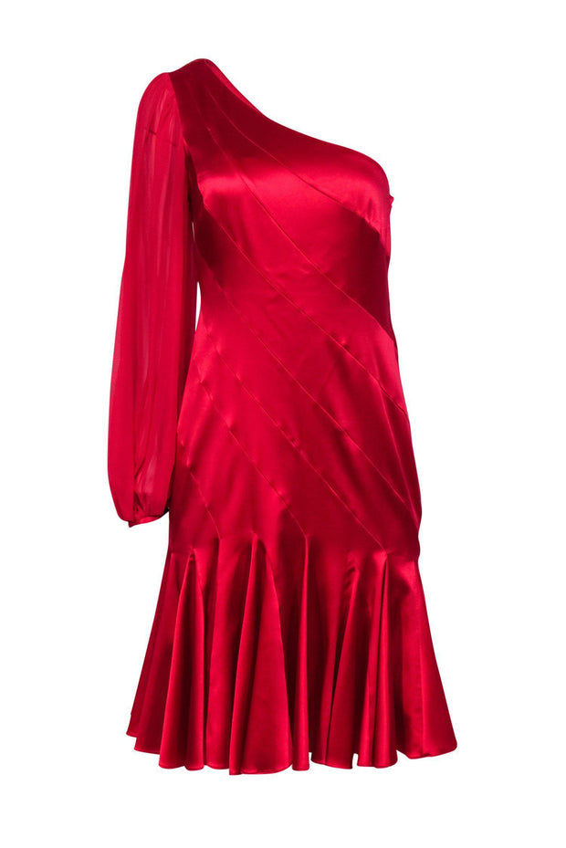 Current Boutique-Karen Millen - Red Satin Pleated Dress w/ Mesh Sleeve Sz 8