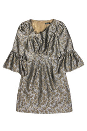 Current Boutique-Karen Millen - Silver & Gold Printed Textured Bell Sleeve Fit & Flare Dress Sz 2