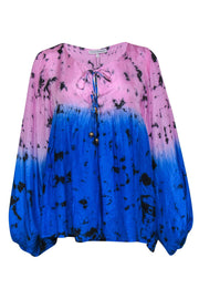 Current Boutique-Karina Grimaldi - Pink & Blue Ombre Tie-Dye Effect Peasant Top Sz L