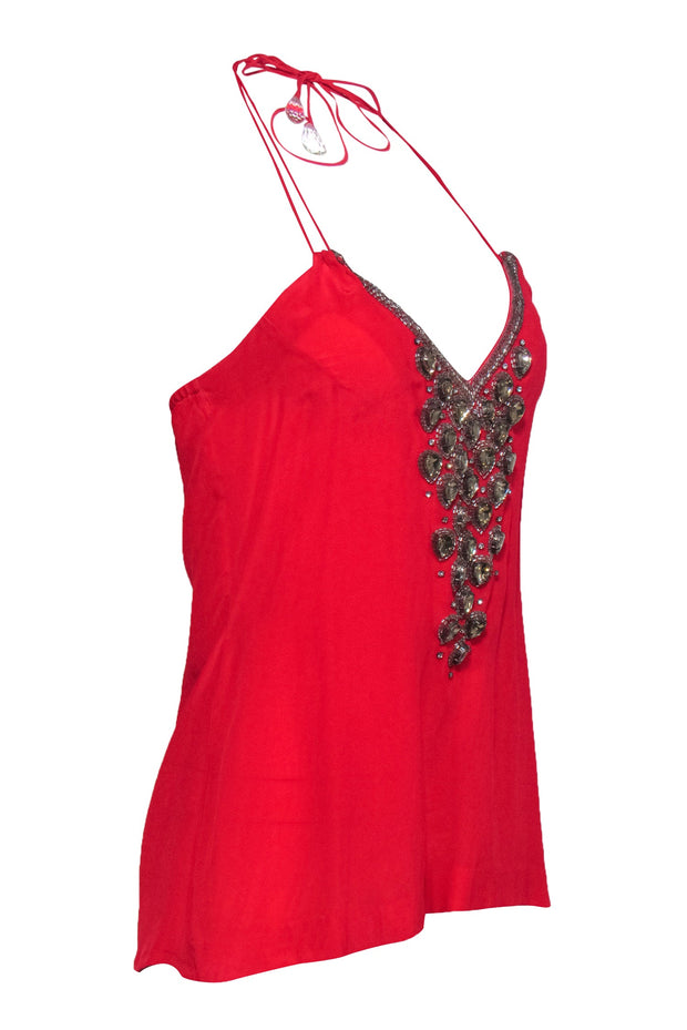 Current Boutique-Karina Grimaldi - Red Silk Halter Tank w/ Rhinestones & Beading Sz S