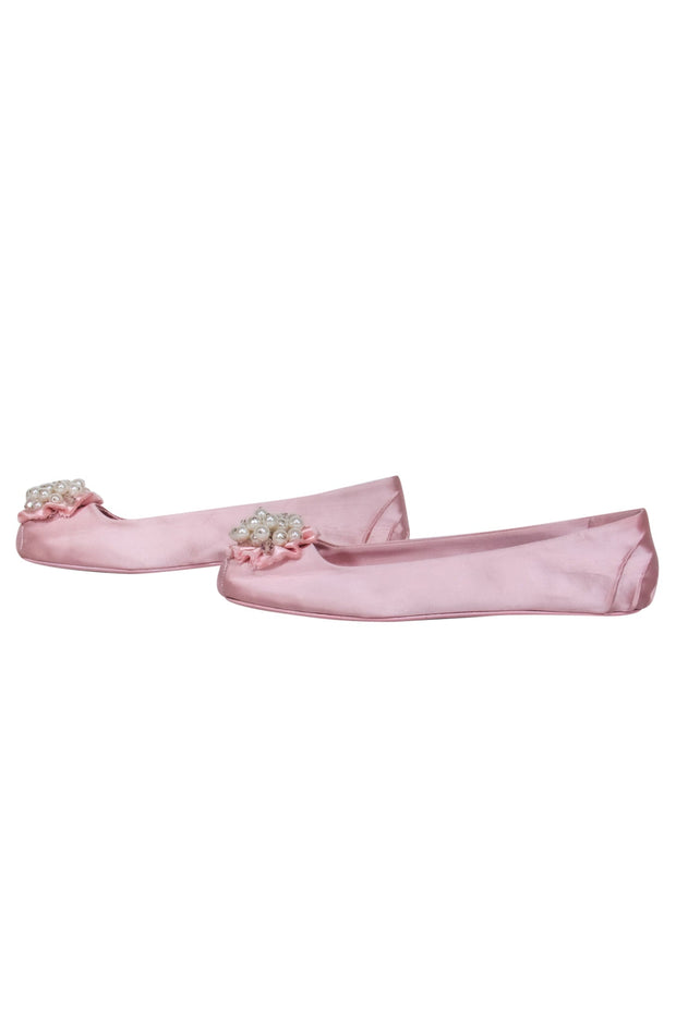 Current Boutique-Kate Spade - Baby Pink Satin Ballet Flats w/ Ruffled, Faux Pearl & Crystal Embellishments Sz 9.5