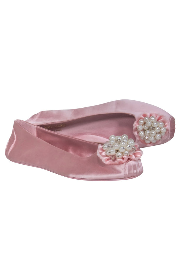 Current Boutique-Kate Spade - Baby Pink Satin Ballet Flats w/ Ruffled, Faux Pearl & Crystal Embellishments Sz 9.5