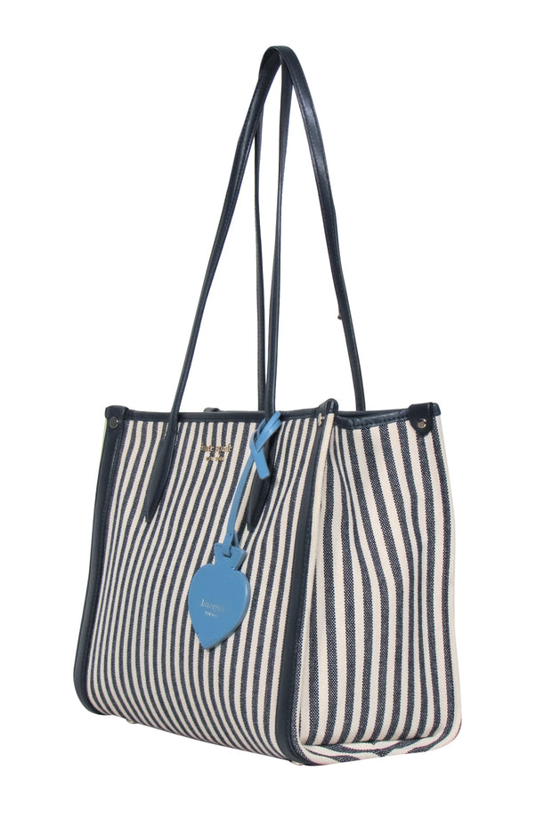 Current Boutique-Kate Spade - Beige & Navy Striped Canvas Structured Tote w/ Leather Trim